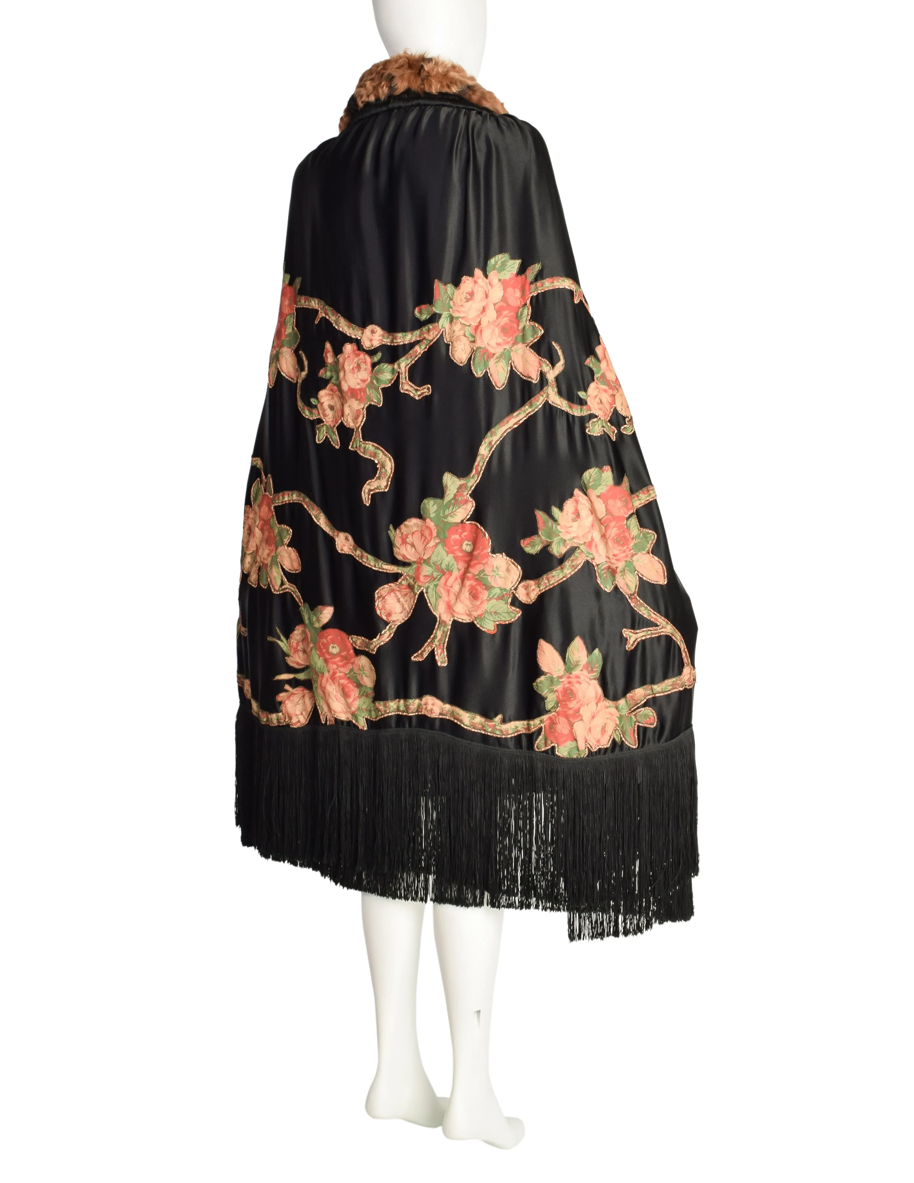 1920s Vintage Black Silk Satin Floral Applique Curly Lamb Collar Fringe Cape