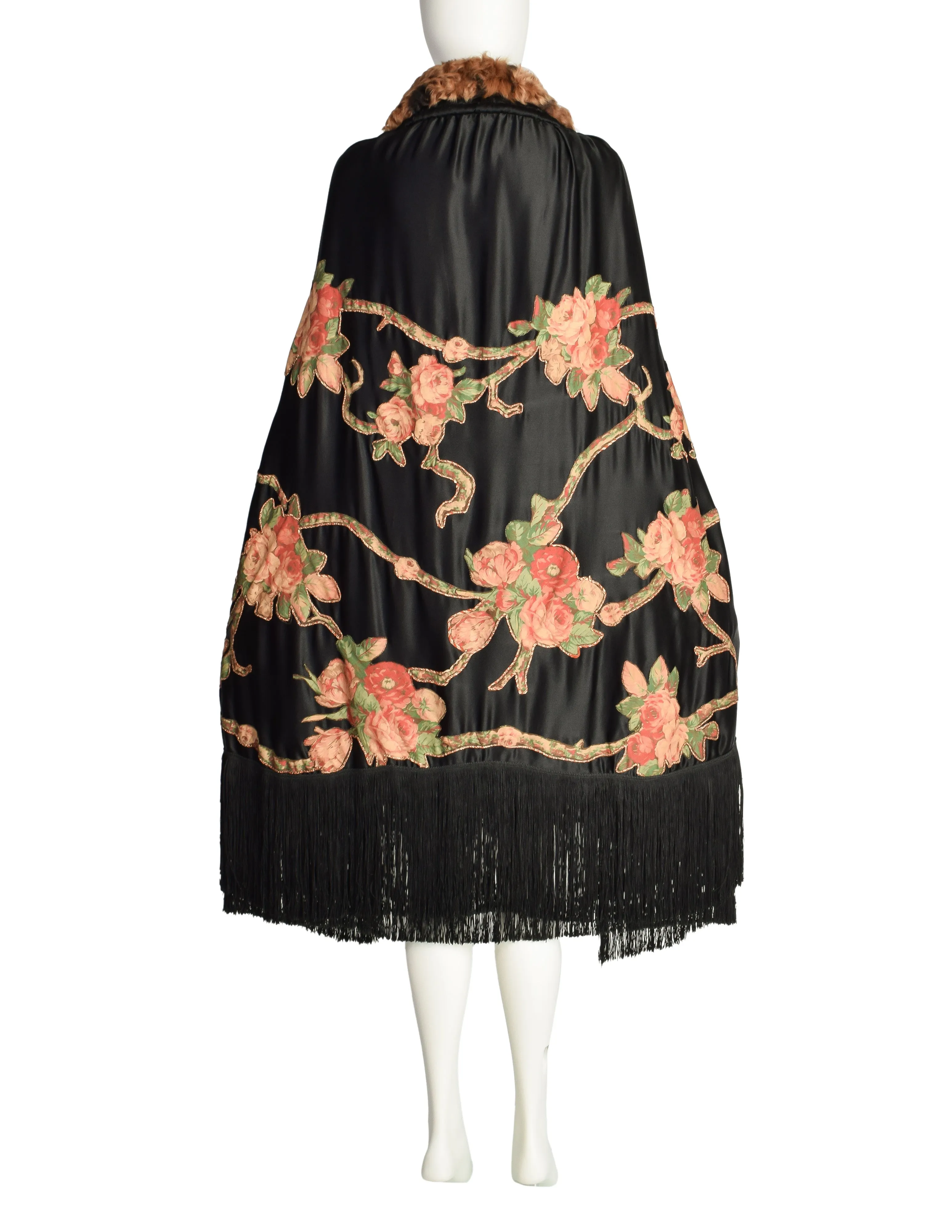 1920s Vintage Black Silk Satin Floral Applique Curly Lamb Collar Fringe Cape