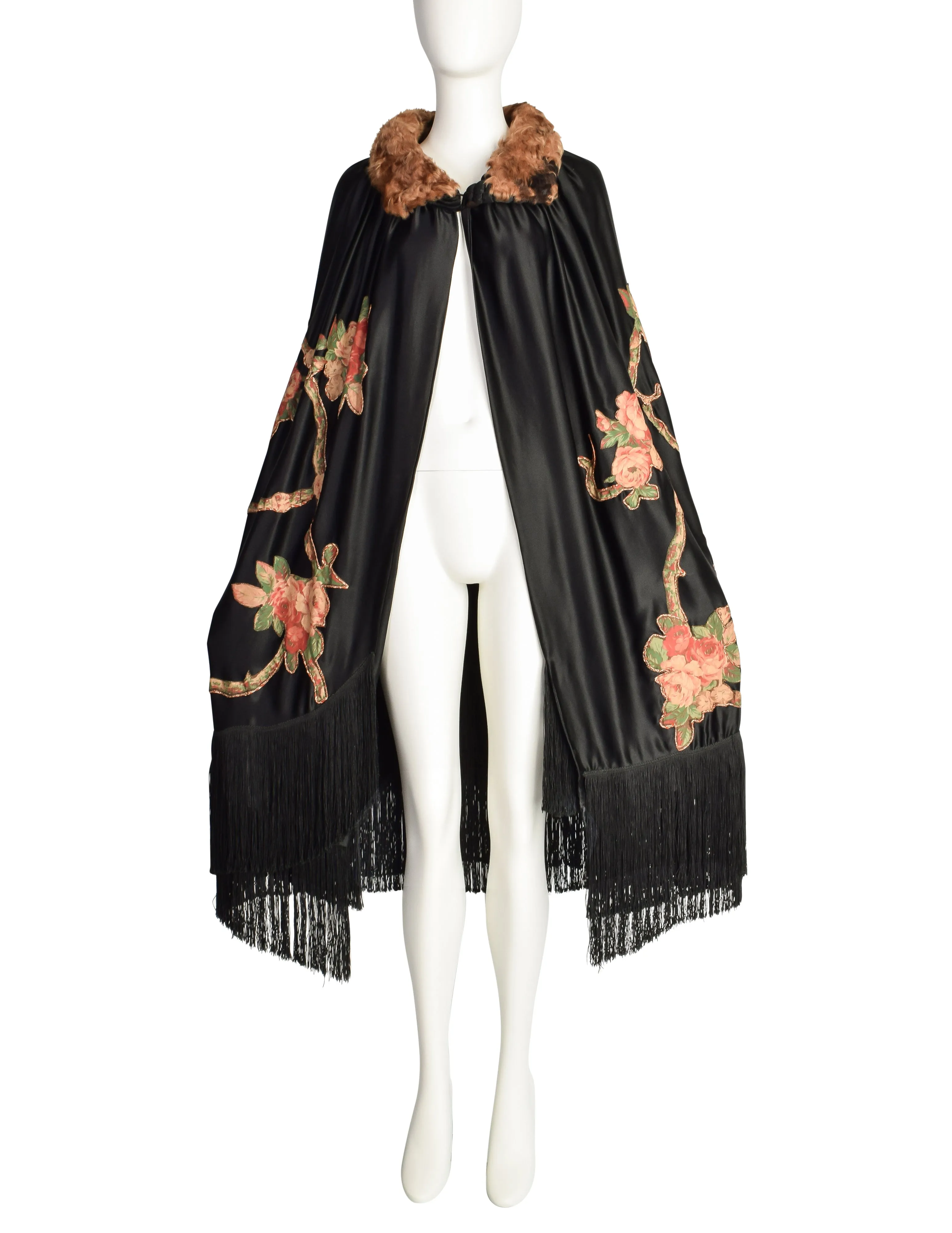 1920s Vintage Black Silk Satin Floral Applique Curly Lamb Collar Fringe Cape