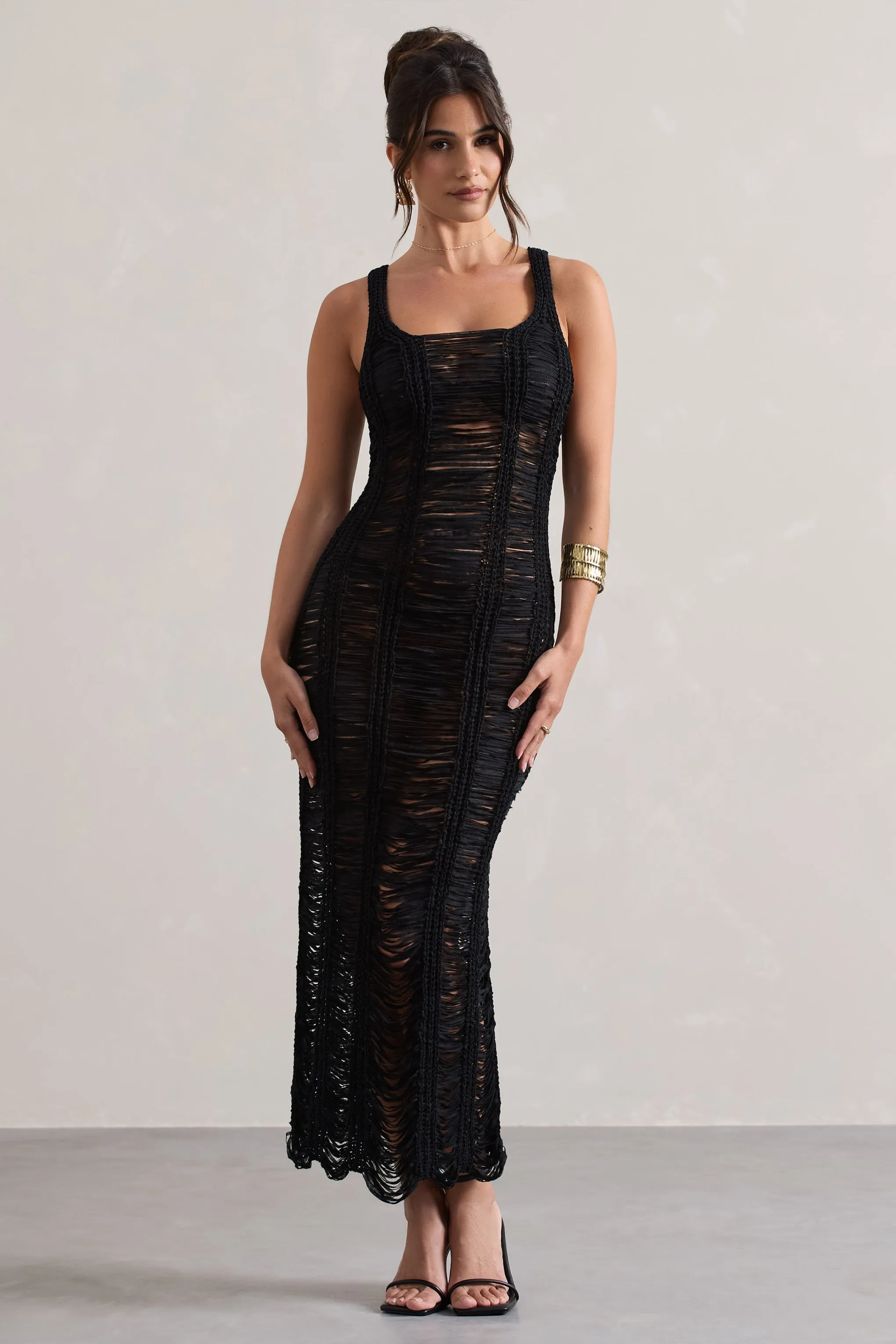 Bahama | Black Crochet Square-Neck Maxi Dress