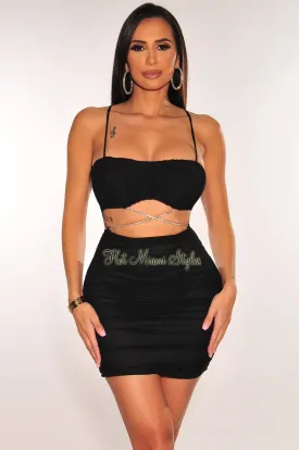 Black Mesh Padded Spaghetti Strap Ruched Cut Out Wrap Around Rhinestone Dress