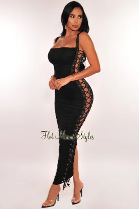 Black Mesh Spaghetti Strap Lace Up Sides Ruched Dress