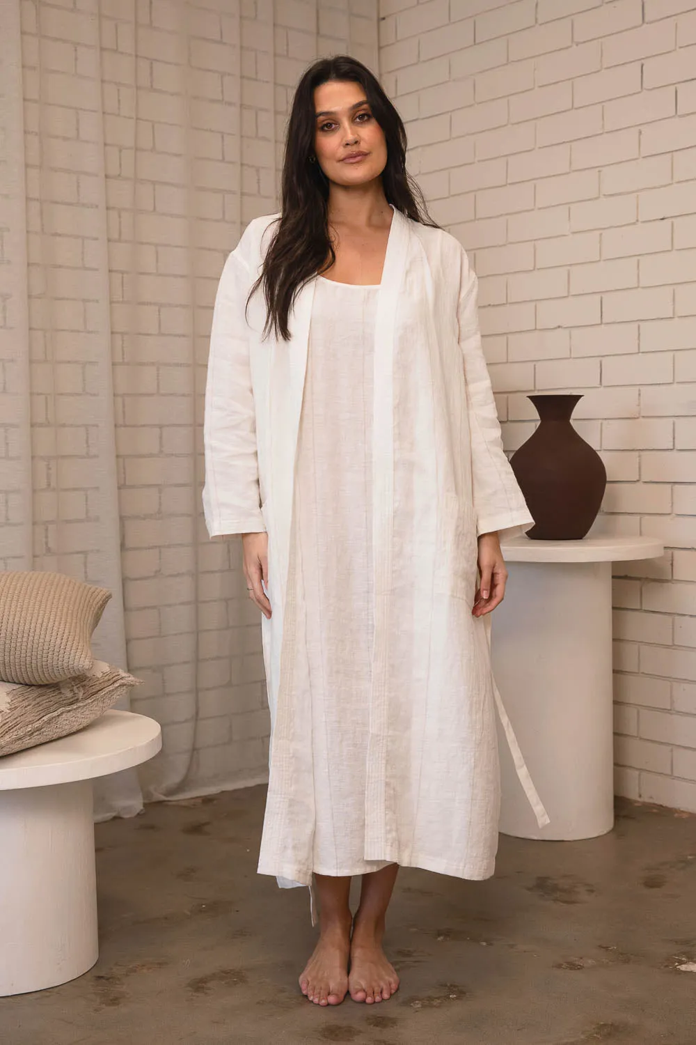 Carter Fundamental Linen Robe - Off White w' Natural Fine Stripe