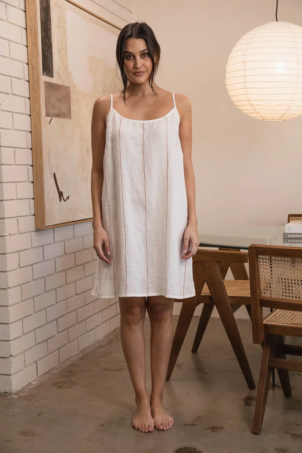 Carter Fundamental Linen Slip Dress - Off White w' Nutmeg Fine Stripe