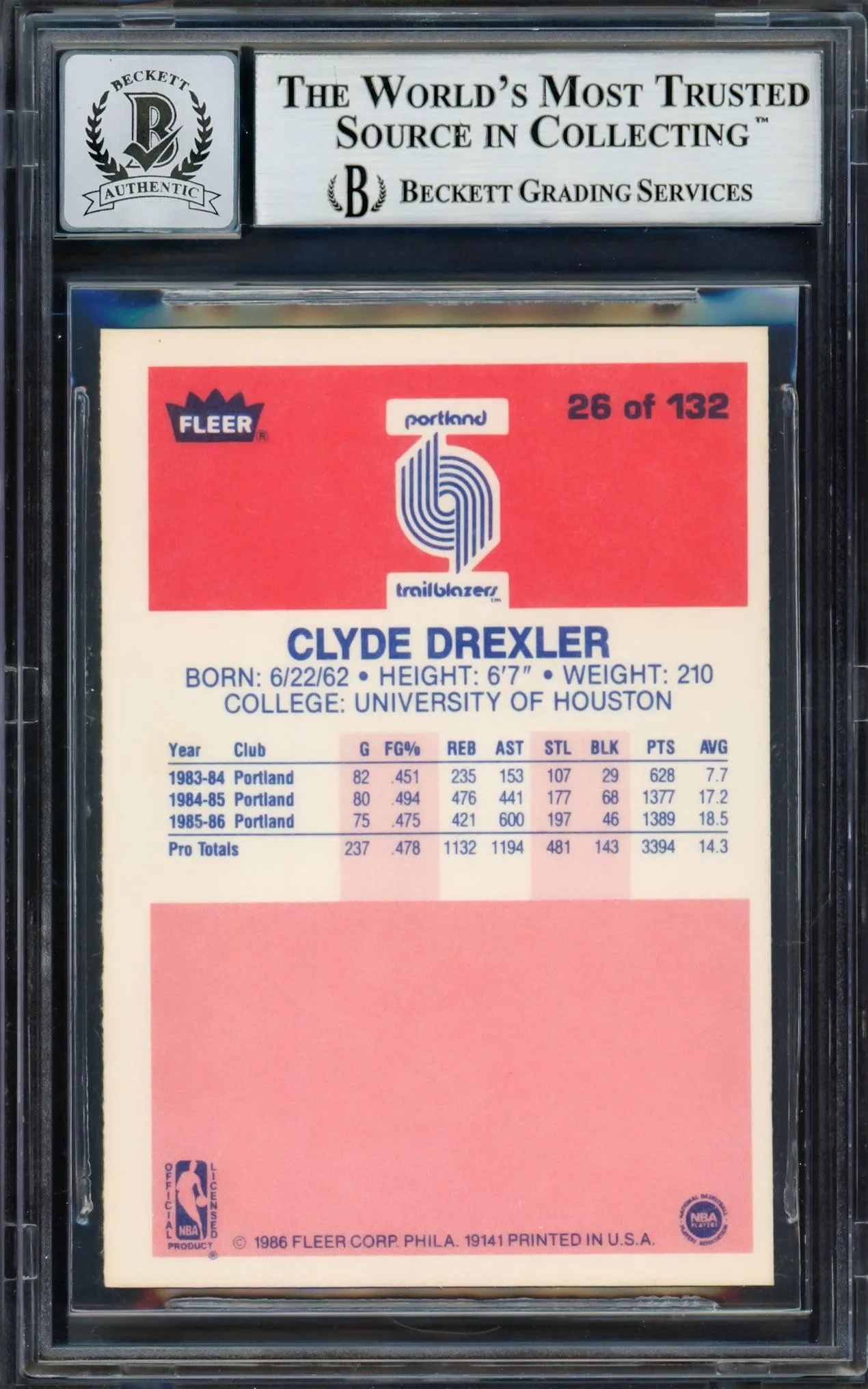 Clyde Drexler Autographed 1986-87 Fleer Rookie Card #26 Portland Trail Blazers Auto Grade Gem Mint 10 "The Glide" Beckett BAS #14127408