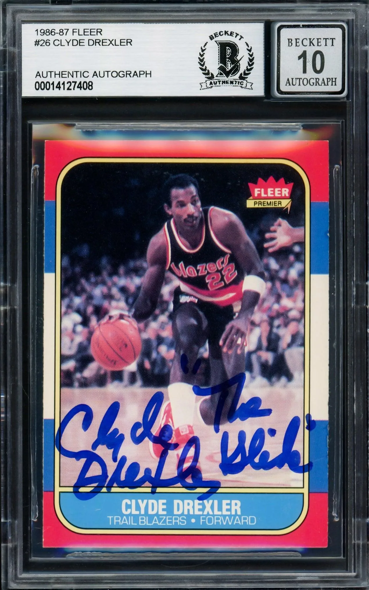 Clyde Drexler Autographed 1986-87 Fleer Rookie Card #26 Portland Trail Blazers Auto Grade Gem Mint 10 "The Glide" Beckett BAS #14127408