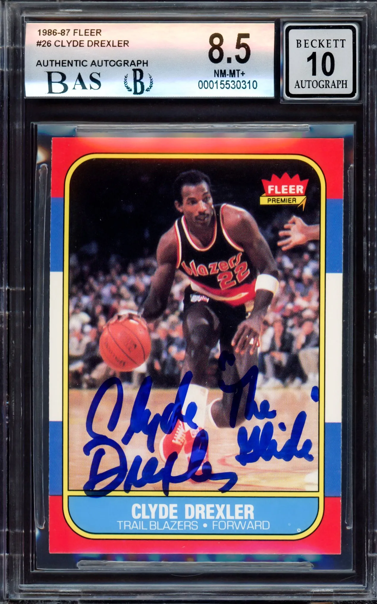 Clyde Drexler Autographed 1986-87 Fleer Rookie Card #26 Portland Trail Blazers BGS 8.5 Auto Grade Gem Mint 10 "The Glide" Beckett BAS #15530310