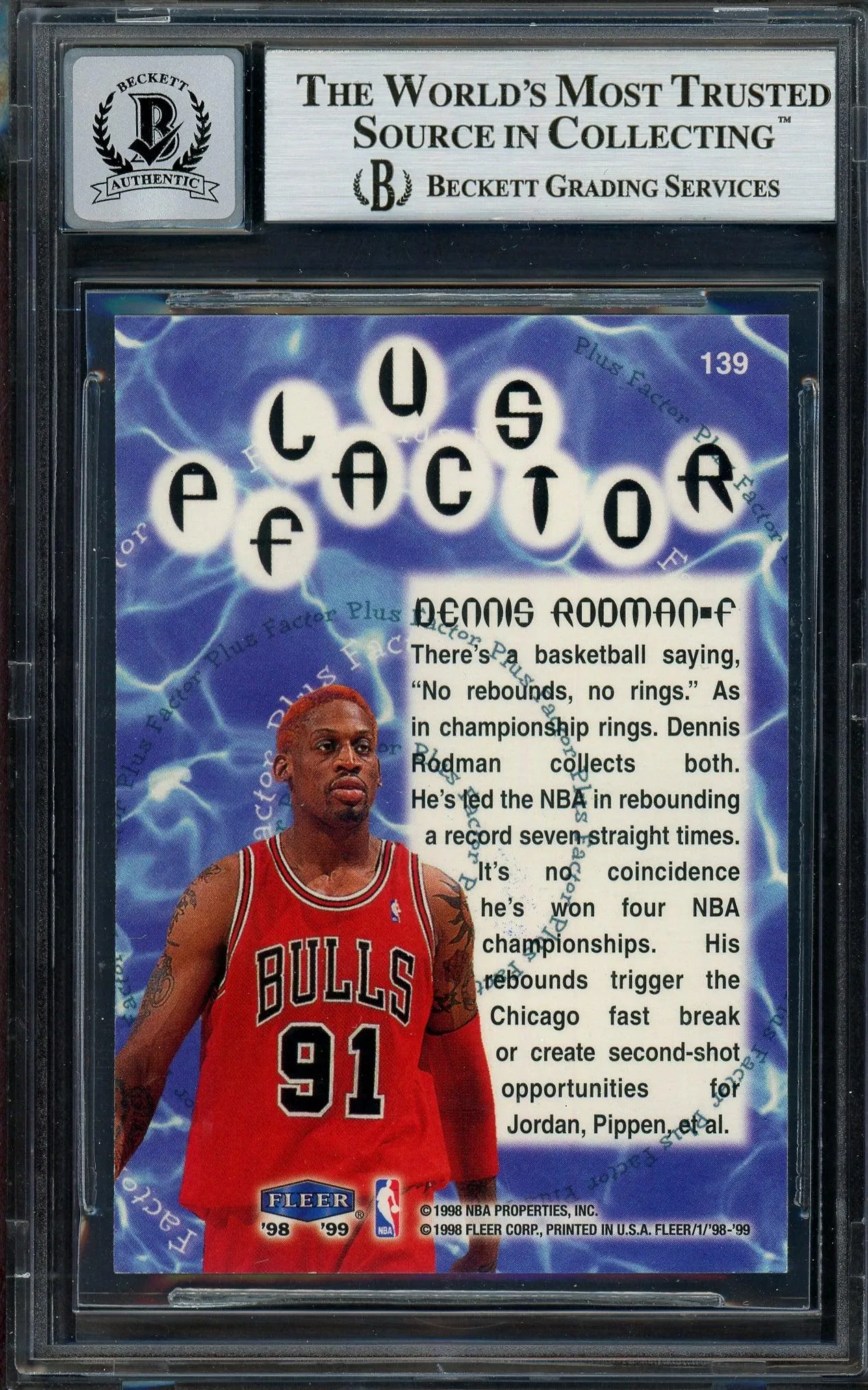 Dennis Rodman Autographed 1998-99 Fleer Tradition Card #139 Chicago Bulls Auto Grade Gem Mint 10 Beckett BAS #13018205