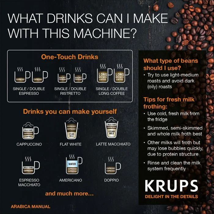 Krups Arabica Bean To Cup Coffee Machine, EA811K40 - Black, Carbon