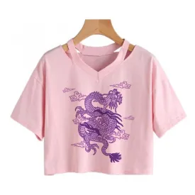 Pink Woman T-shirts Harajuku Dragon Kpop Ropa Y2k Crop Tops Aesthetic Vintage Femme V-neck Tops Korean Punk Streetwear Gothic Tee