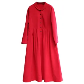 Red Women Linen Dresses Long Sleeves Women Dresses Pleated Waist Design WC961850