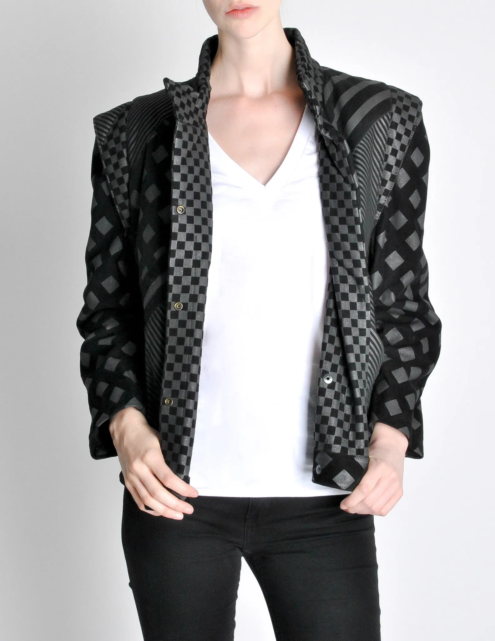 Roberto Cavalli Vintage Black & Grey Geometric Print Leather Jacket