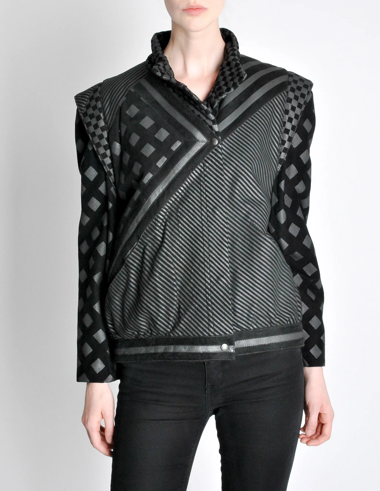 Roberto Cavalli Vintage Black & Grey Geometric Print Leather Jacket