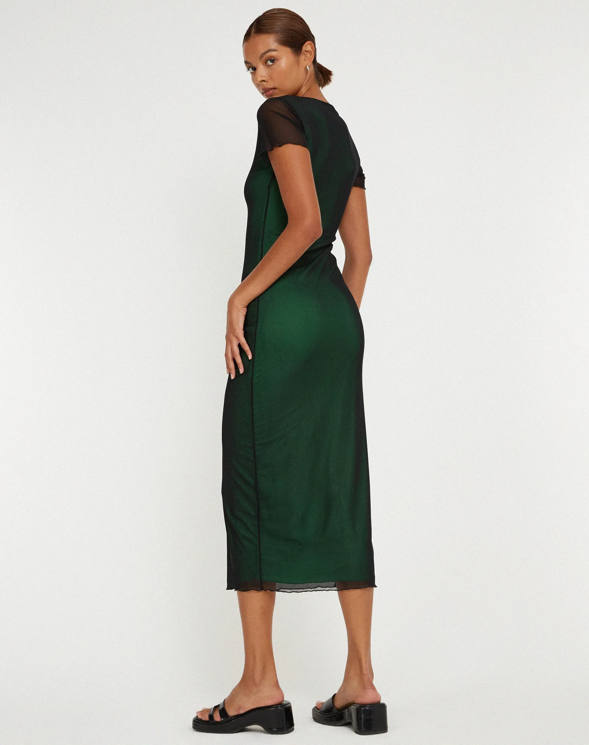 Roska Midi Dress in Black with Vibrant Green Lining