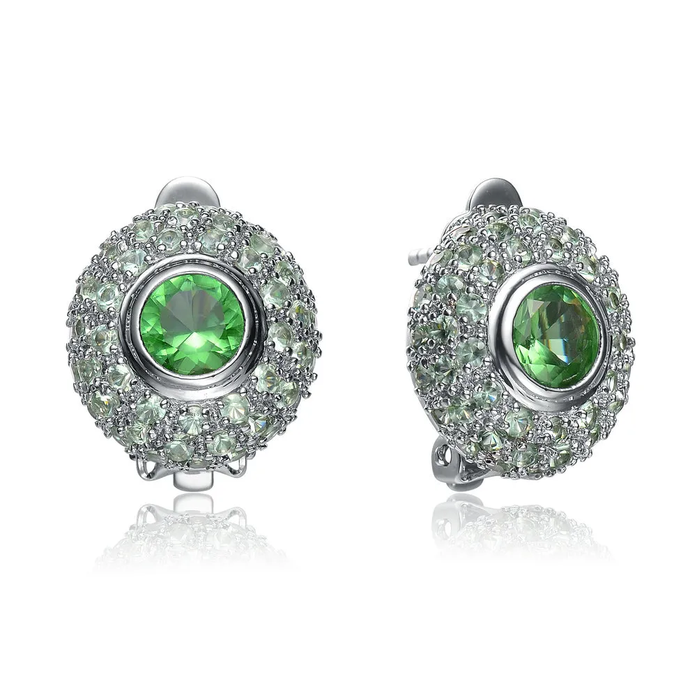 Sterling Silver Green and Clear Cubic Zirconia Button Ring Earrings