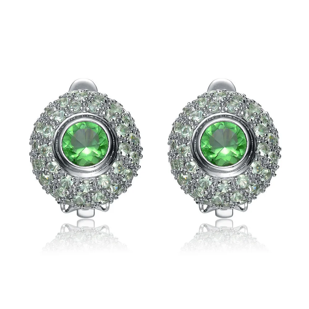 Sterling Silver Green and Clear Cubic Zirconia Button Ring Earrings