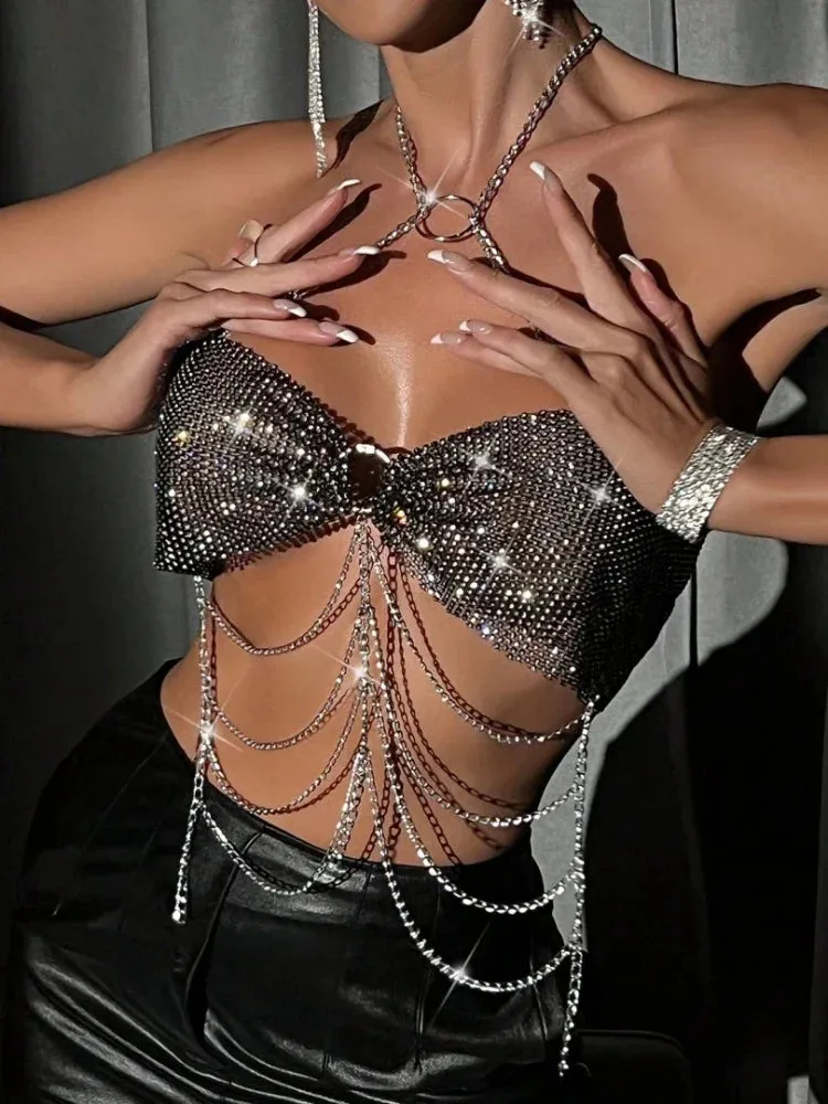 Vest Out Club Beach Dancer's Backless Party Shining Hollow Crop Rhinestone Sexy Top