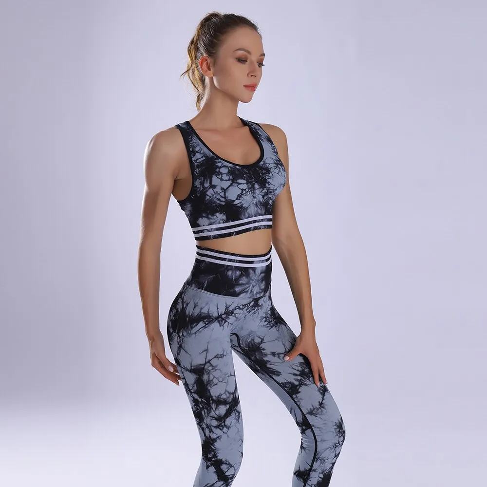 Women seamless tracksuit Tie dye yoga set gym clothing breathable elastic sport suit fitness running yoga pants bra sportwear