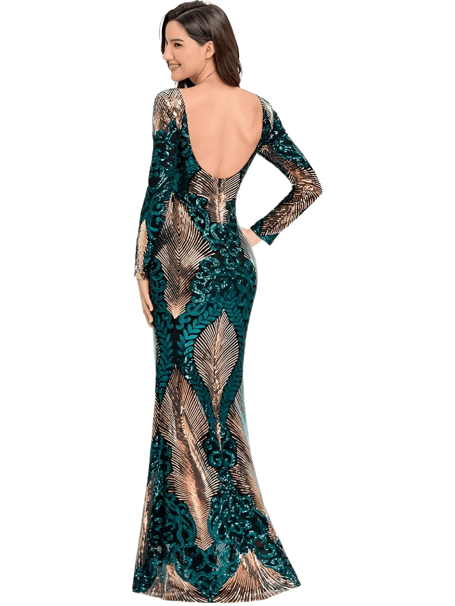 Women's O-Neck Long-Sleeve Shinning Sequins Evening Dress